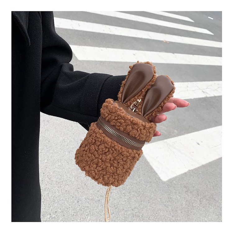 Túi Đeo Chéo Lông Cừu Mini Hình Trụ Đính Tai Thỏ Thời Trang Cho Nữ