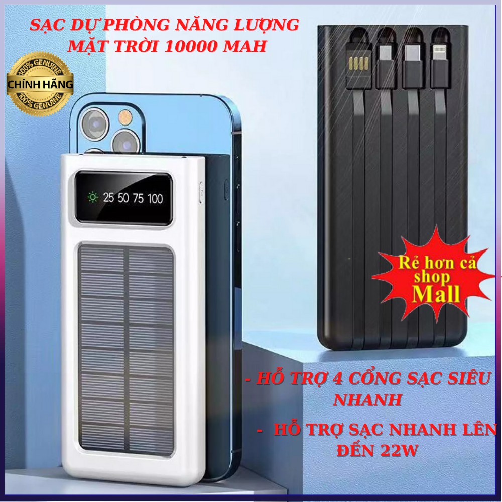 Sạc Dự Phòng Năng Lượng Mặt Trời Kèm 10000MAH 4 Dây Cáp (4 trong 1 ) Có Hiển Thị Sạc Đa Năng Cùng Lúc nhiều điện thoại