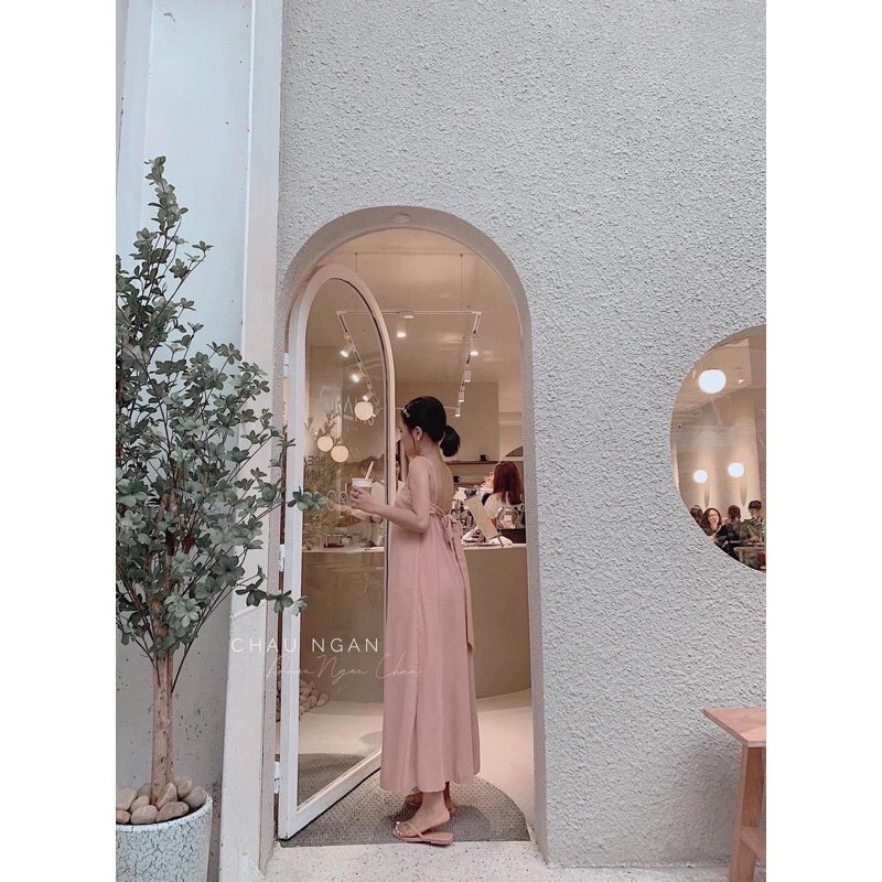 Đầm maxi xếp ly cột nơ lưng dày dặn có mút ngực hình thật