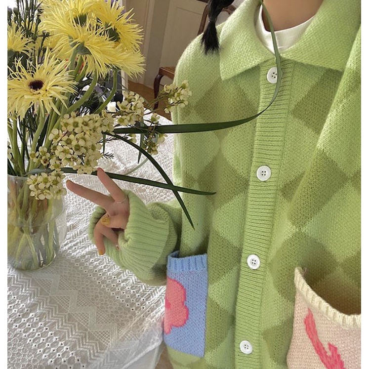 Sẵn - Cardigan Cute | Áo Khoác Len Cardigan Dáng Rộng Dày Dặn Họa Tiết Hình Thoi 2 Màu Hồng Xanh Nhẹ Nhàng Adelia Shop