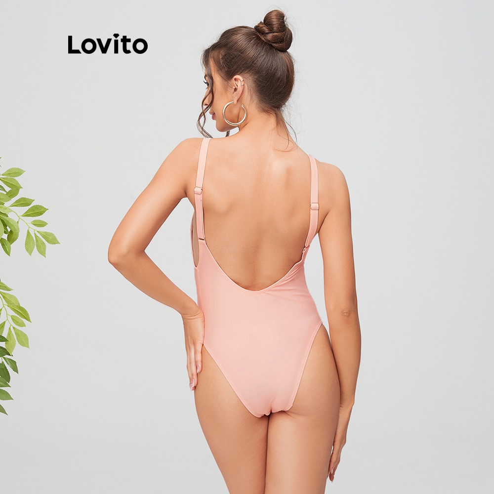 (Gợi ý từ KOL) Đồ bơi Lovito một mảnh hở lưng gợi cảm L11114 (màu đen/hồng)