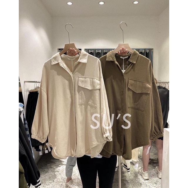 Áo sơ mi tay bồng oversize túi trước kèm ảnh tự chụp