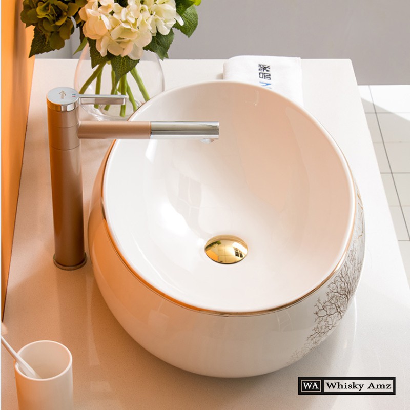 Chậu lavabo để bàn elip - Chậu rửa mặt hoa văn men sứ cao cấp KB 065F chính hãng , bảo hành 10 năm