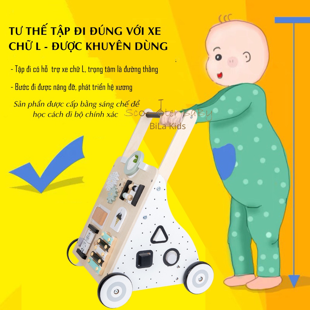 Xe tập đi cho bé kiêm bảng bận rộn busy board BILA KIDS chống trơn trượt, đẩy baby mẫu mới 2022