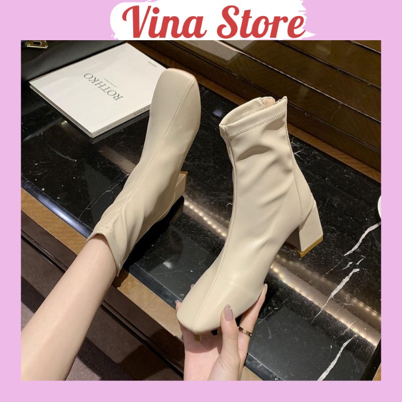 Giày Bốt Nữ Ulzzang Cổ Thấp Da mềm Gót Vuông Cao 5Cm chỉ lệch có khóa sau cao cấp màu đen kem hot 2021- mã 7089 - Hàng n