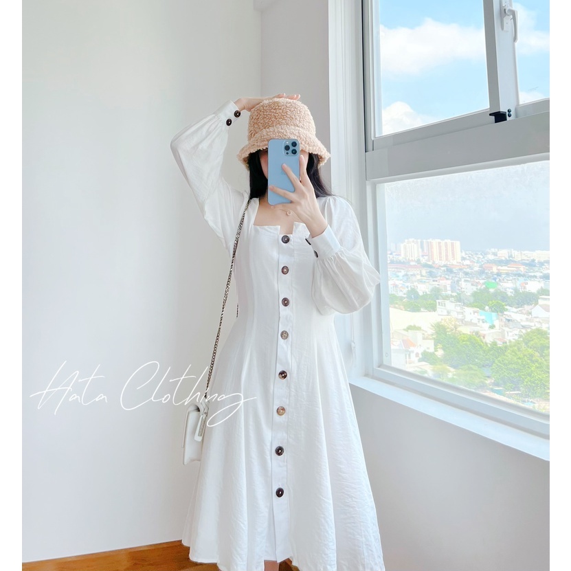 Đầm Trắng Cổ Vuông Nút Gỗ Xinh - Hàng Có Sẵn - Ảnh Hata Tự Chụp