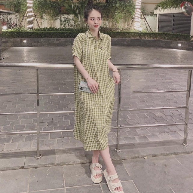 Váy sơ mi nữ dáng dài NHẬT LINH đầm suông nữ kẻ caro hồng sang chảnh hottrend xinh xắn - V151