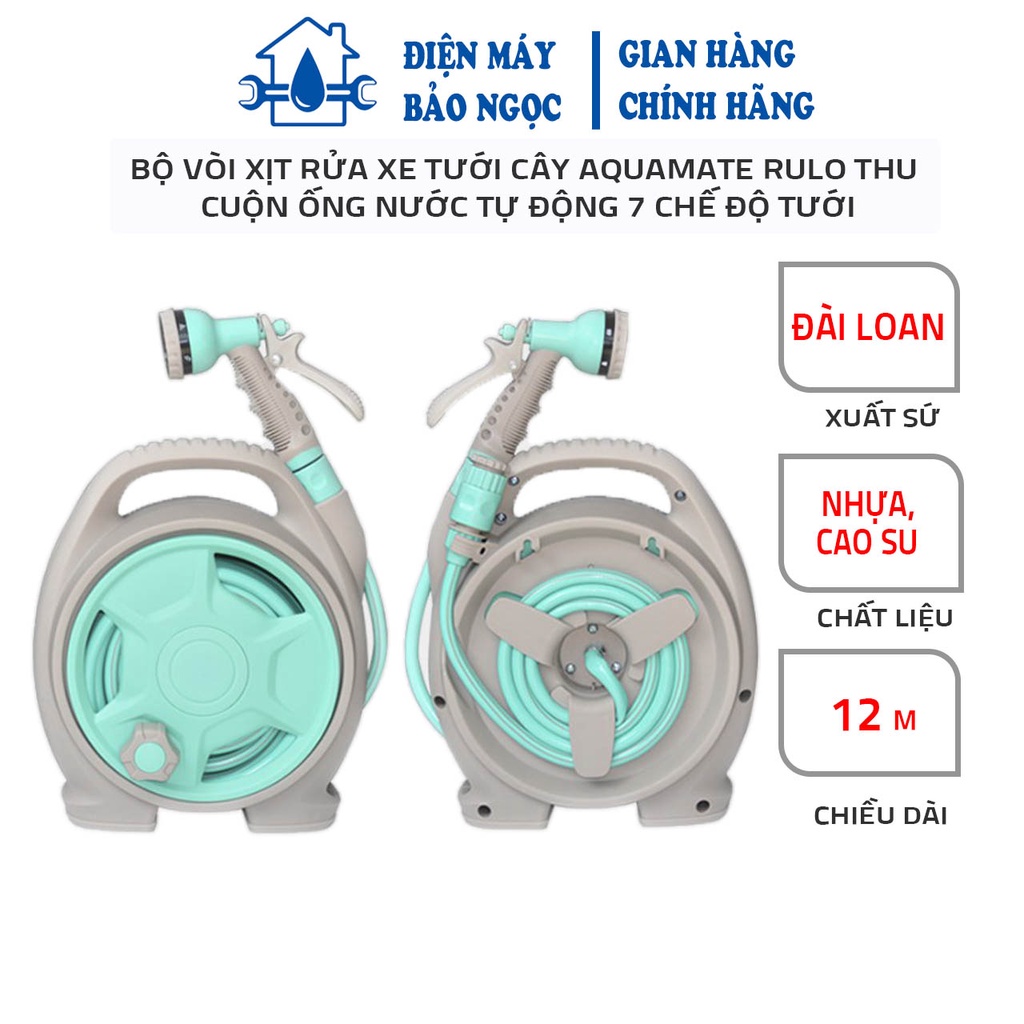 Bộ vòi xịt rửa xe tưới cây Aquamate Rulo thu cuộn ống nước tự động 7 chế độ tưới