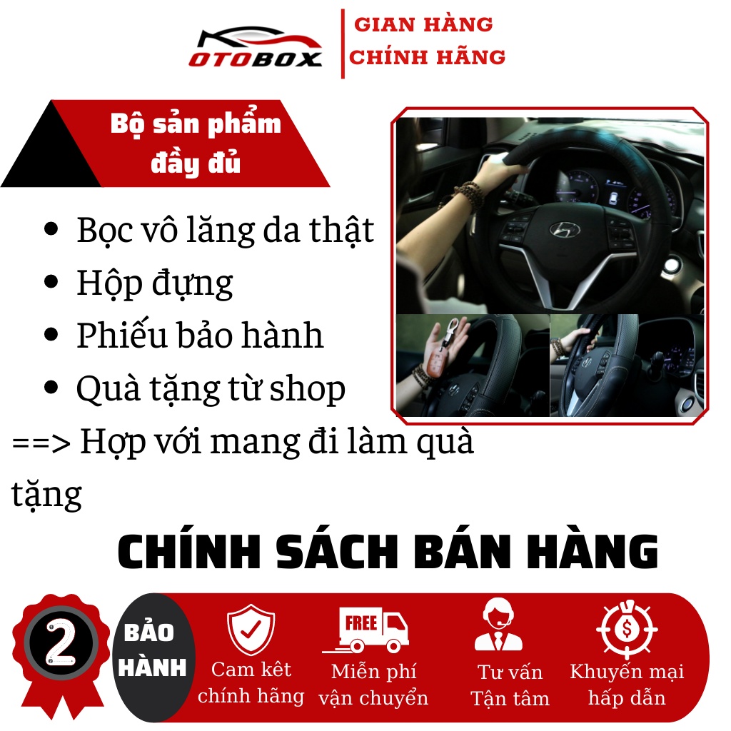 Bọc vô lăng ô tô da thật size 38 dành cho các hãng xe oto, bọc cần lái xe hơi cao cấp chính hãng OTOBOX