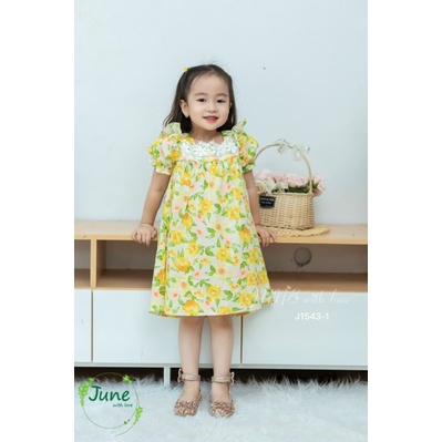 [xả kho] Váy đầm cho bé gái June vải thô mềm hoa vàng hồng tay bồng Váy bé gái dáng suông chữ A - VJ