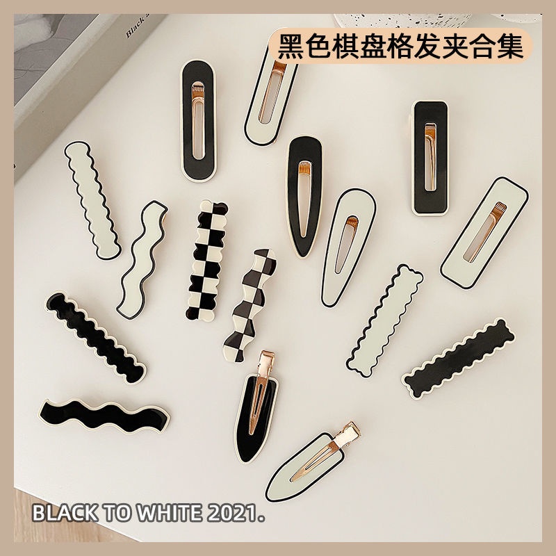Jiashucheng Kẹp Tóc Mỏ Vịt Phẳng Không Đường May Kẻ Caro Trắng Đen Dành Cho Bạn Nữ