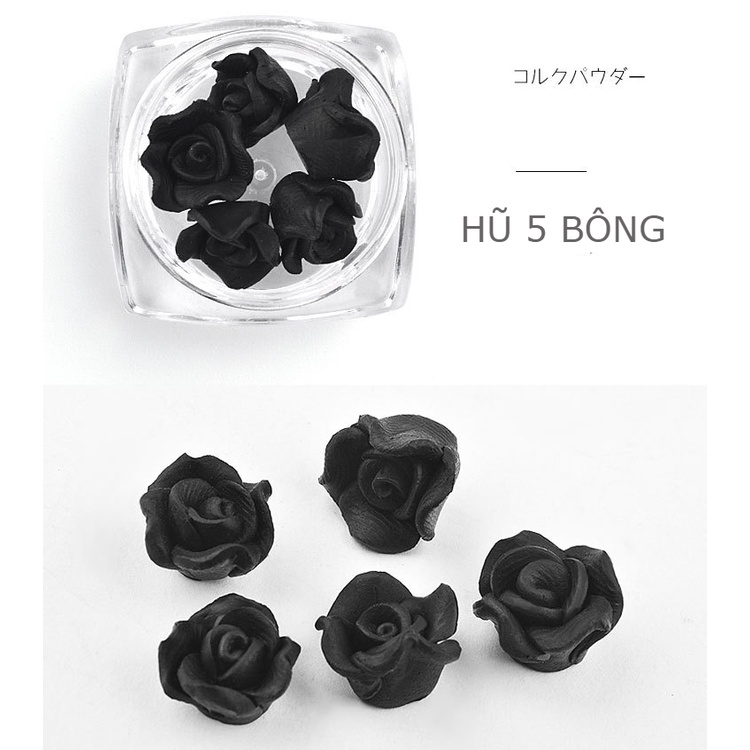 Hoa bột nail rose trắng đen 5 bông , hũ hoa hồng bột gắn móng trang trí chuyên nghiệp