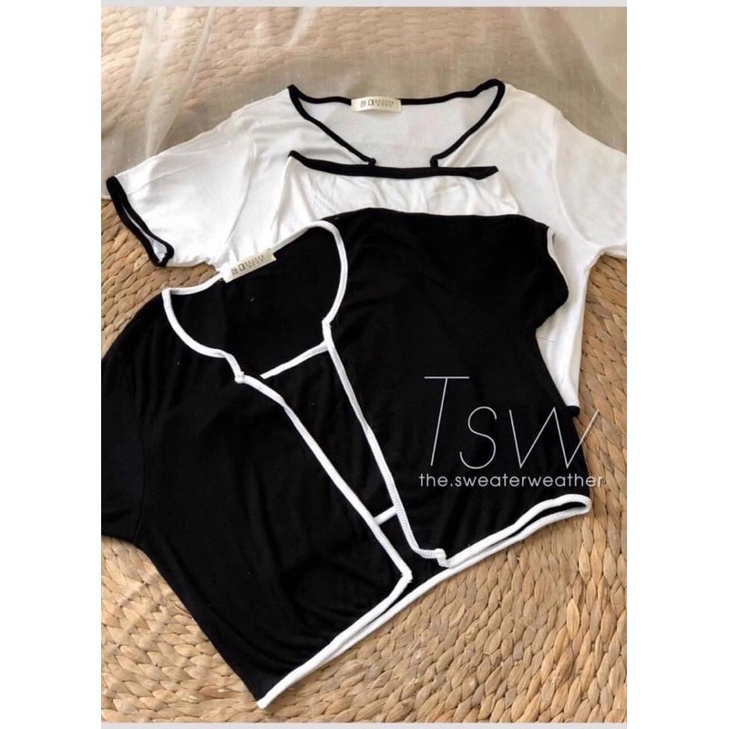 Set áo croptop áo croptop và áo khoác ngoài chất thun bo mềm mịn cực thời trang,  set áo trắng chạy viền đen cực xinh