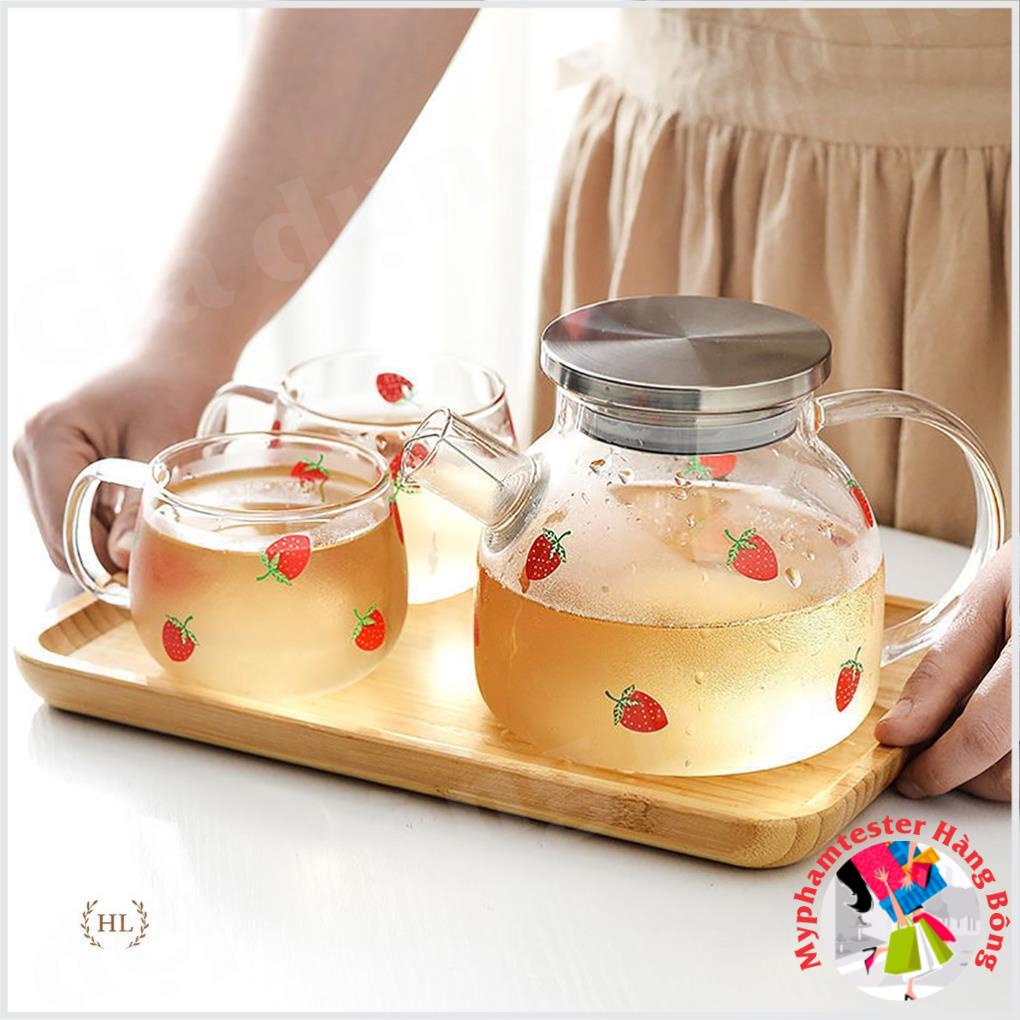 BÌNH DÂU TÂY | BỘ BÌNH CỐC THỦY TINH CHỊU NHIỆT HOA VĂN QUẢ DÂU TÂY DUNG TÍCH 1L - 1.6L | BÌNH CỐC TT DÂU TÂY