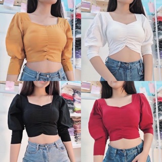 Áo nhún ngực chất kate lụa croptop có may kèm mút ngực hình thật