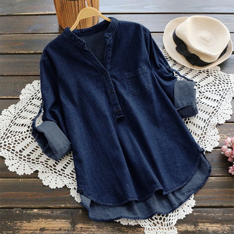 Áo sơ mi denim tay dài cổ V đính nút thời trang thoải mái cho nữ