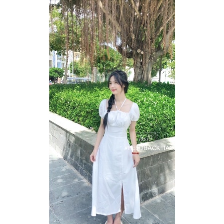 Váy trắng cutout dáng dài Tia19. Đầm trắng tiểu thư cổ yếm trễ vai | BigBuy360 - bigbuy360.vn