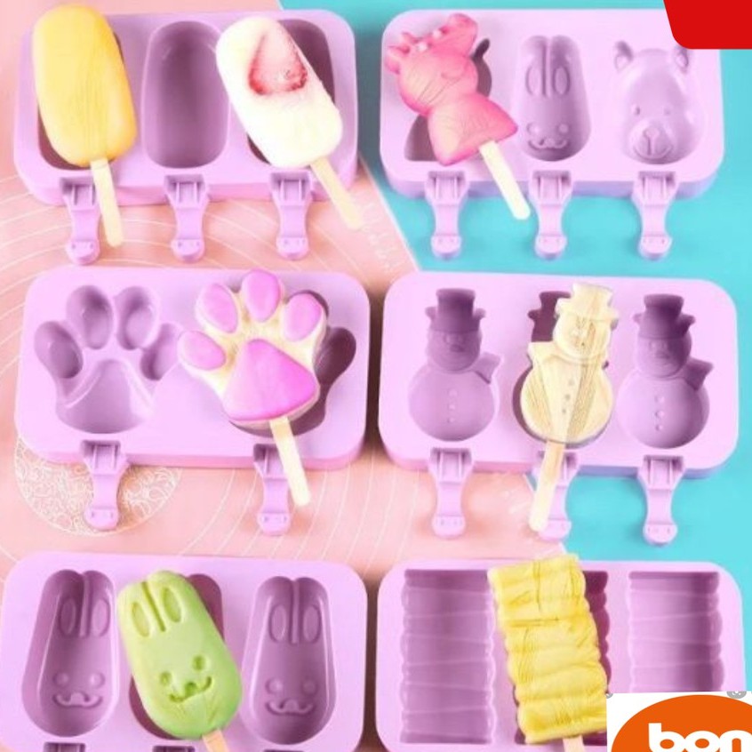 Khuôn làm kem que 3 ô tại nhà chất liệu silicone hình dáng siêu dễ thương tặng kèm que