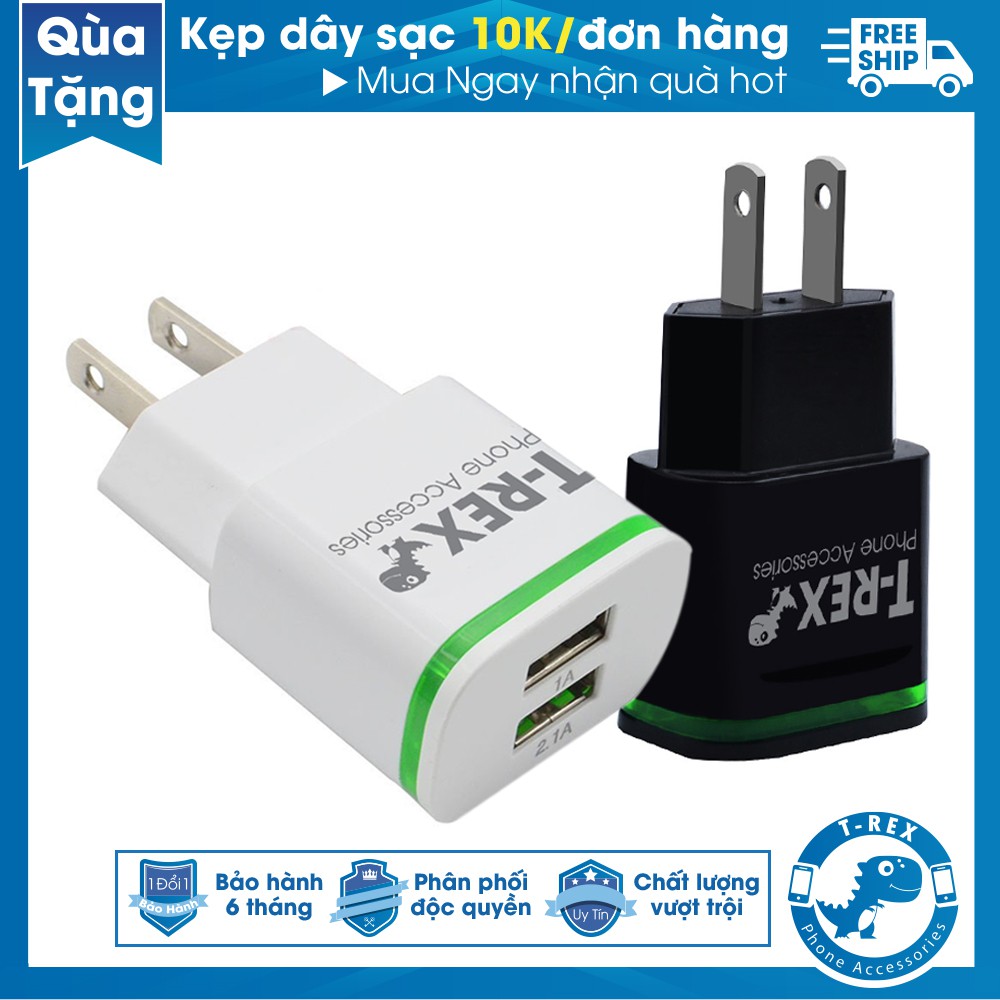 [Mã 2404EL10K giảm 10K đơn 20K] Củ Sạc Đèn LED T-Rex 2.0 (2Đầu USB) Dùng Cho Điện Thoại Samsung/ Iphone/ Android