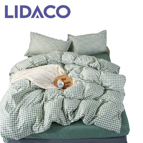Bộ chăn ga gối cotton poly Lidaco decor phòng ngủ vintage - Caro Cốm ( SP001260)