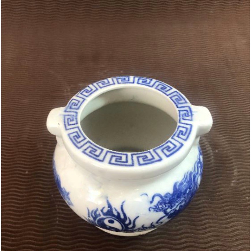 Bát hương tròn Bát Tràng men lam vẽ rồng kỹ dùng thờ cúng