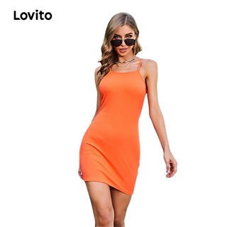 7/27DelistĐầm Lovito hai dây polyester ôm dáng mini màu trơn gân sọc thời trang mùa hè thanh lịch L01124 (Orange)