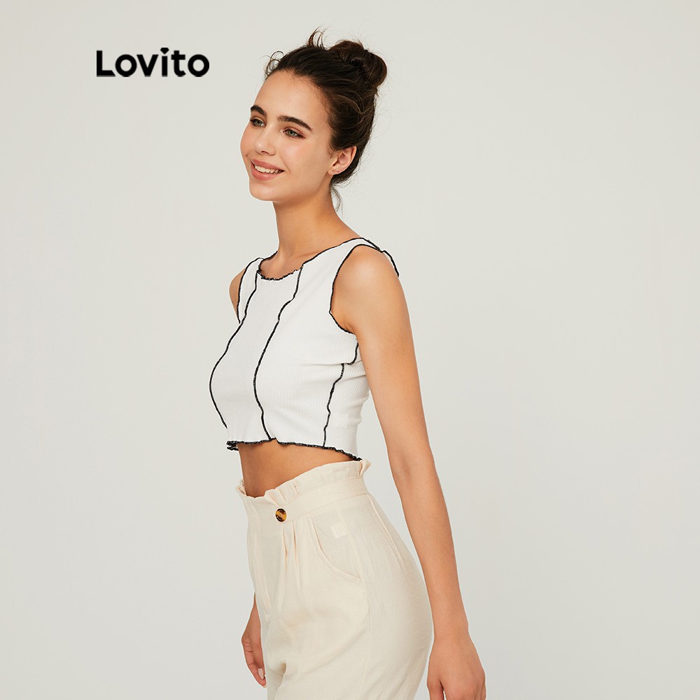 Áo Croptop Lovito Dáng Ôm Cổ Tròn Trơn Hợp Xu Hướng L03108 (Màu Trắng) | BigBuy360 - bigbuy360.vn