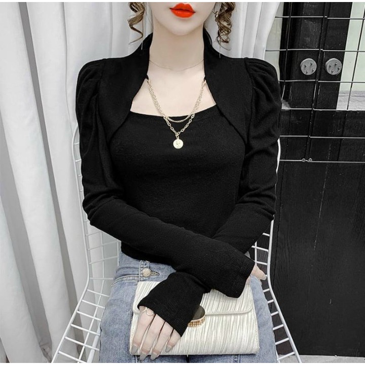 Áo cổ trụ vai phồng chất vải thun Gân co giãn 4 chiều tặng kèm dây phối áo hàng y hình có ảnh thật ( size 40-53kg )
