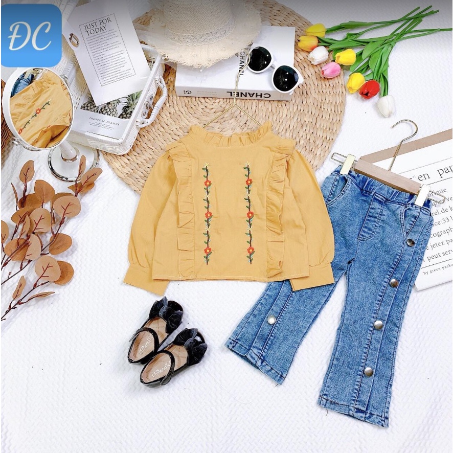 Set Quần Jean phối áo sơ mi bèo 3 màu cho bé gái size 10-20kg T-90