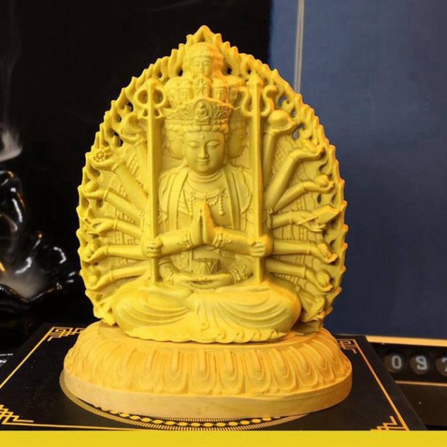 Tượng để xe ô tô bàn làm việc phật Thiên Thủ Thiên Nhãn bằng gỗ Hoàng Dương - TẶNG 1 VÒNG ĐEO TAY Hàng cao