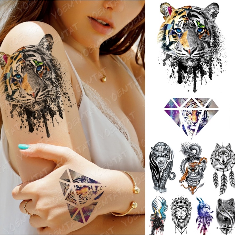 Hình Xăm Dán Tạm Thời Chống Nước Hình Hổ Sư Tử Sói Sư Tử Nhấp Nháy Trang Trí Nghệ Thuật Cho Nam Nữ