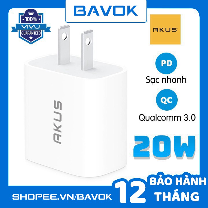 CỦ SẠC NHANH AKUS 20W - PD20 Hàng chính hãng - Bảo hành 12 tháng - bavok