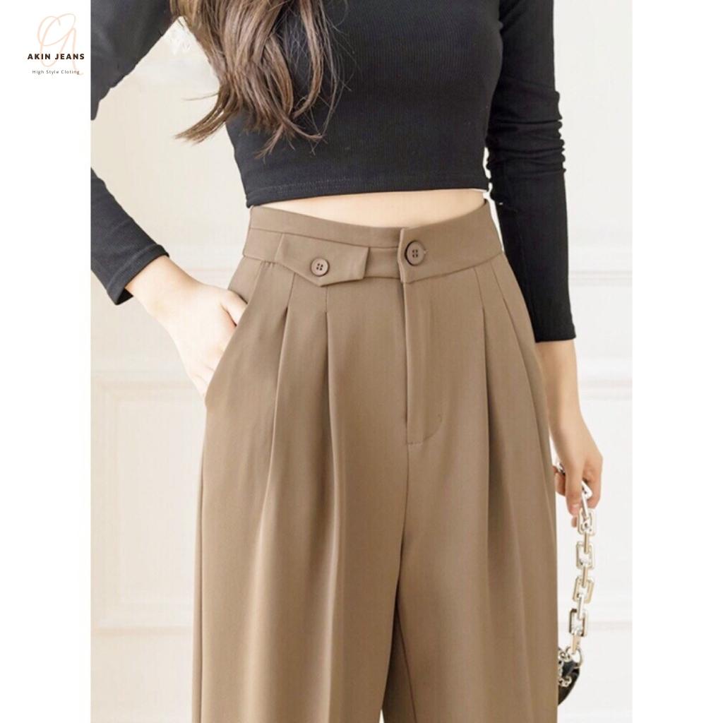 Quần Vải Ống Suông Nữ Túi Nắp Cạp Cao, Quần Tây Ống Rộng Culottes Lưng Cao Akin Jeans, SNT