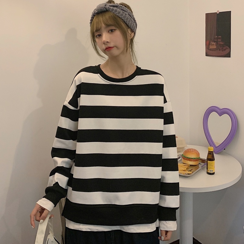 Áo Sweater Dáng Rộng Phối Sọc Xinh Xắn Theo Phong Cách Mùa Thu Dành Cho Nữ
