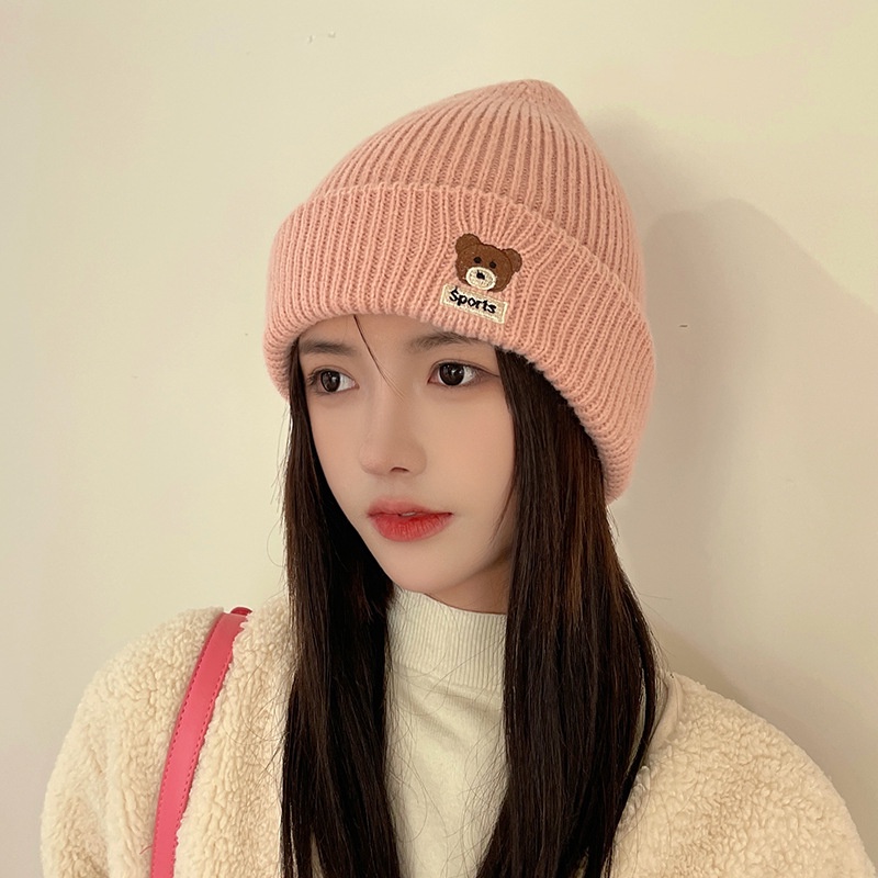 Mũ len dệt kim thêu họa tiết gấu hoạt hình thời trang cho nữ