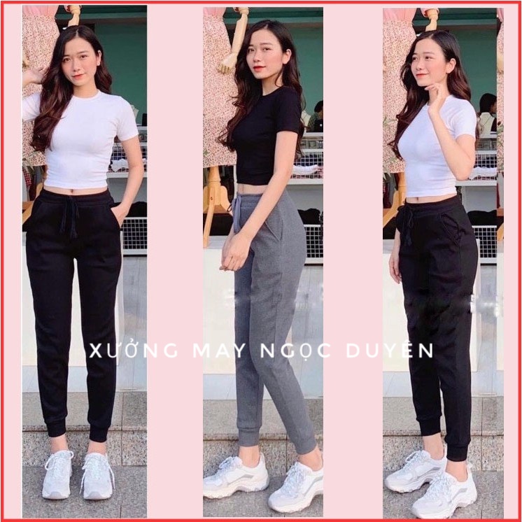 Quần Jogger nữ thể thao tập gym bo gấu màu đen xám - Quần jogger nỉ dây rút nữ cạp chun có túi dáng dài chất vải len tăm | BigBuy360 - bigbuy360.vn