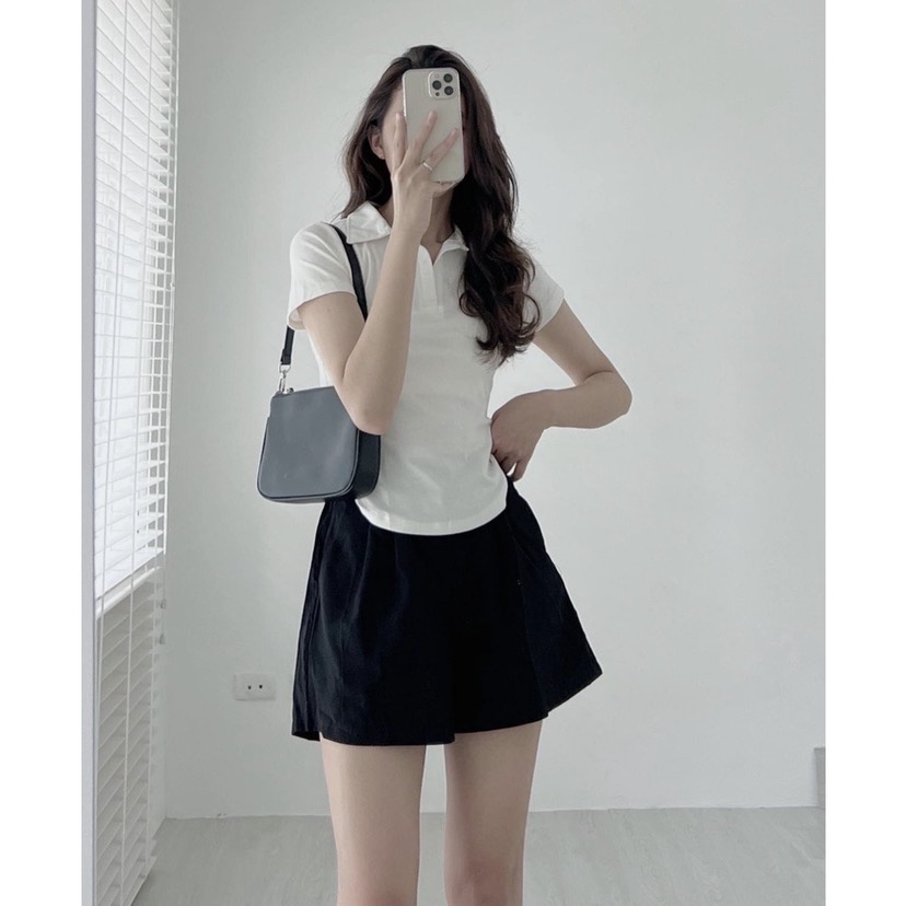 Set áo croptop polo vạt bầu và quần short lưng cao - áo thun polo trắng vạt bầu mix quần short nữ cạp cao SIÊU HOT