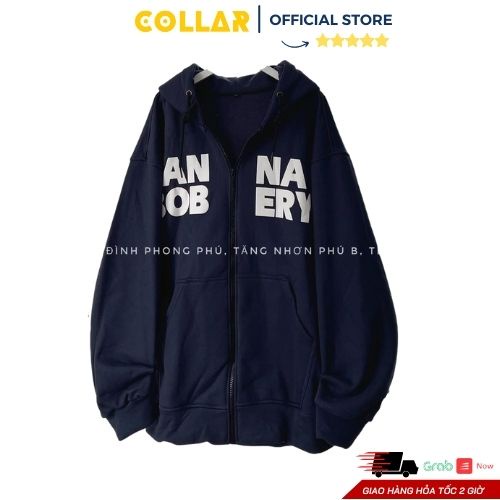 Áo khoác nỉ thu đông COLLAR form rộng họa tiết ANNA liền mũ 2 lớp dày dặn màu trắng và xanh than thời trang unisex