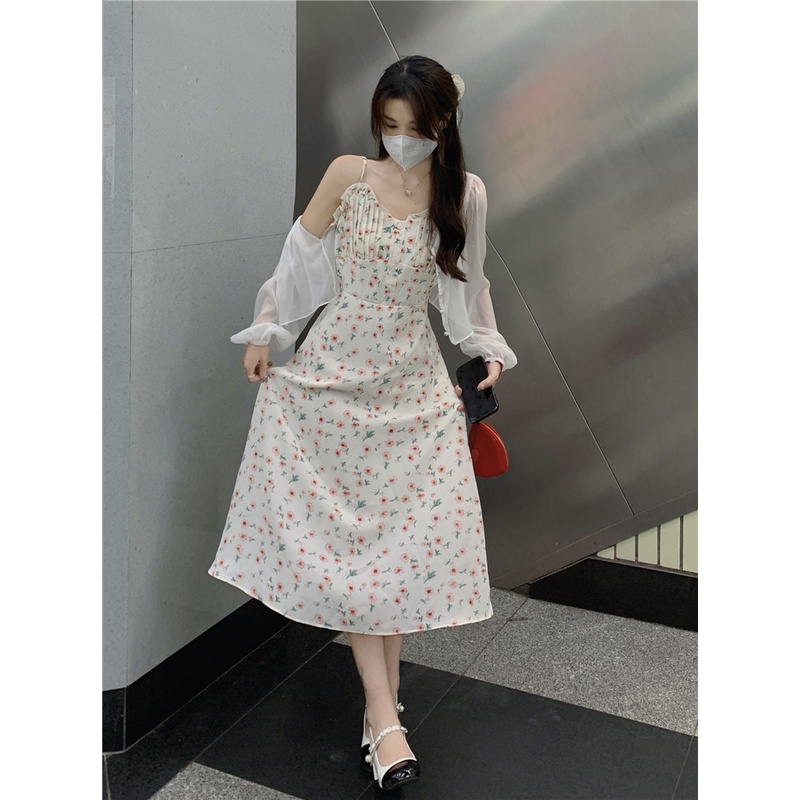 Váy Hai Dây Hoa Nhí, Đầm Hai Dây Hoa Nhí + Áo Khoác Cardigan Mỏng Phong Cách Hàn Quốc | WebRaoVat - webraovat.net.vn