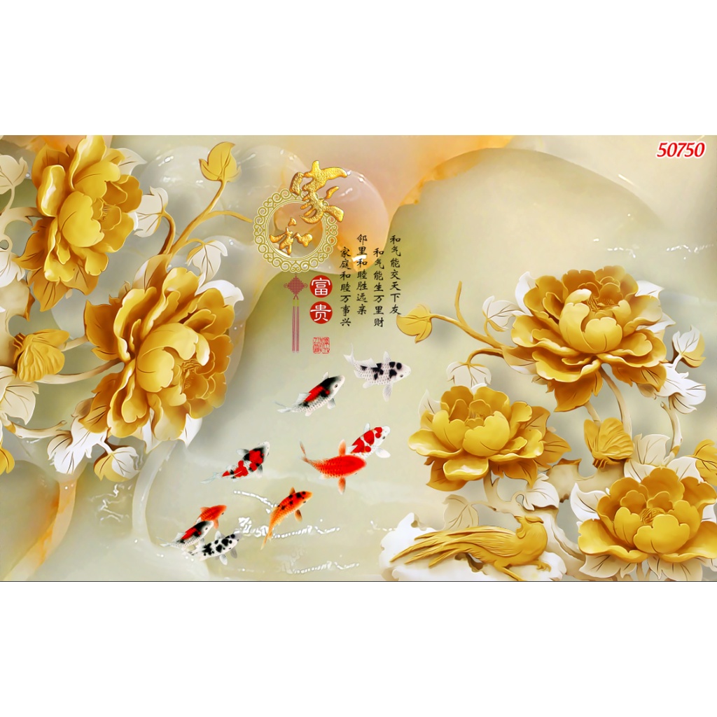 Tranh 3D cá chép trong hồ sen 3D