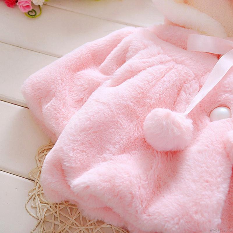 My Baby  Girl Imitation Rabbit Fur Ear Shawl Coat Hooded Cartoon Warm Thick Pink White Jacket