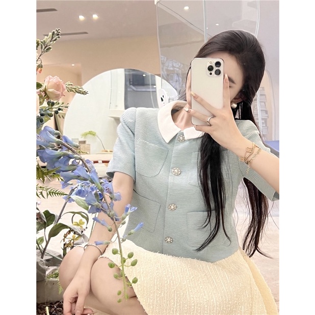 Áo dạ tweed mỏng xanh tay ngắn