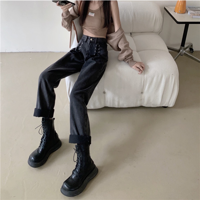 Quần Denim Lưng Cao Ống Rộng Thời Trang Mùa Hè Hàn Quốc Dành Cho Nữ