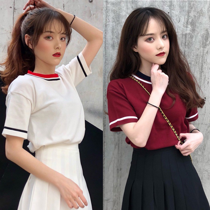 Áo Thun Nữ Cổ Tròn Phối Viền Tay Cổ Áo Phong Cách Xinh Xắn Dễ Thương