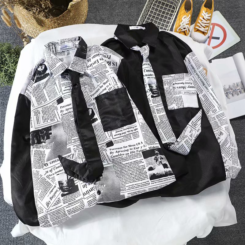 European and American style fashion newspaper printed long-sleeved shirt for men