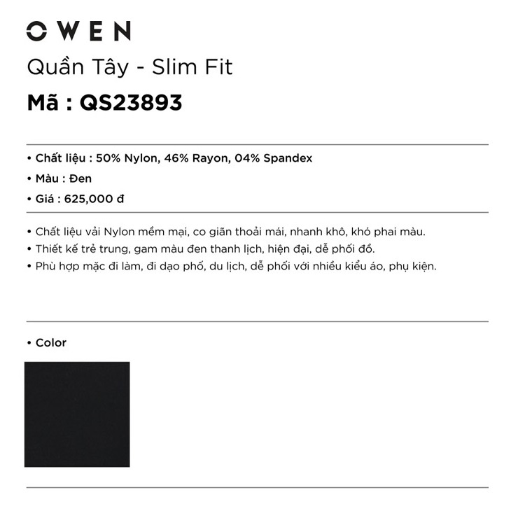 Quần Tây Nam Công Sở Cao Cấp OWEN QS23893 Quần Âu Dài Màu Đen Trơn Dáng Slim Fit Ôm Vừa Chất Vải Sợi Tổng Hợp
