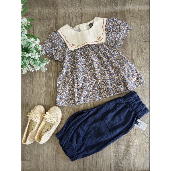 Set bộ bé gái hoạ tiết hoa lá bâu thủy thủ thêu iu