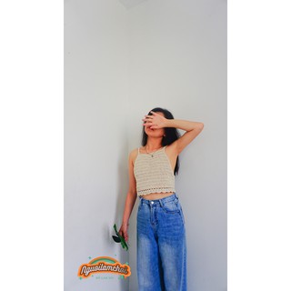 Áo yếm croptop len móc thủ công NGUOILAMCHOI màu trắng kem, thiết kế basic phù hợp mặc dạo phố và đi biển