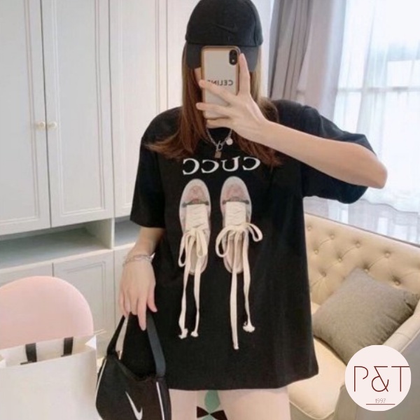 Áo Phông Nữ Chất Cotton Dày Dặn Hình Đôi Giày Dáng Rộng