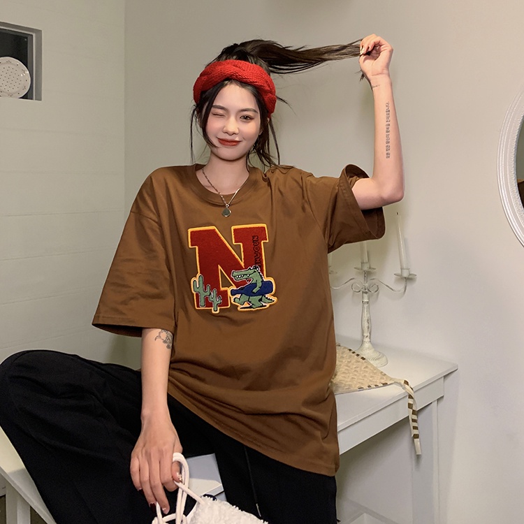 Áo Thun Tay Ngắn Cổ Tròn Thêu Họa Tiết Thời Trang Hàn Quốc Cho Nữ